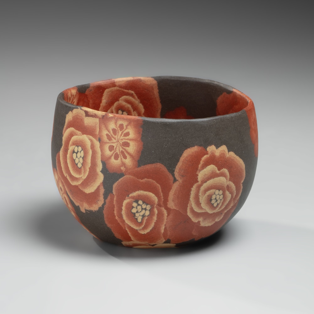 Itō Sekisui V - Nerikomi Mumyōi teabowl with flower patterning - Artworks - Joan B Mirviss LTD | Japanese Fine Art | Japanese Ceramics
