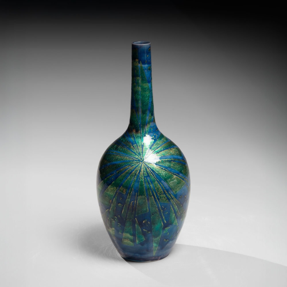 Ono Hakuko - Long-necked bud vase with applied gold foil cut-outs with translucent blue overglaze - Artworks - Joan B Mirviss LTD | Japanese Fine Art | Japanese Ceramics