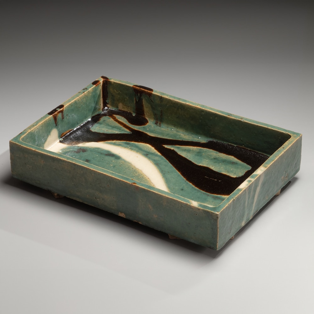 Hamada Shōji - Large rectangular vessel in copper-green glaze and ladle poured iron and white glazes - Artworks - Joan B Mirviss LTD | Japanese Fine Art | Japanese Ceramics
