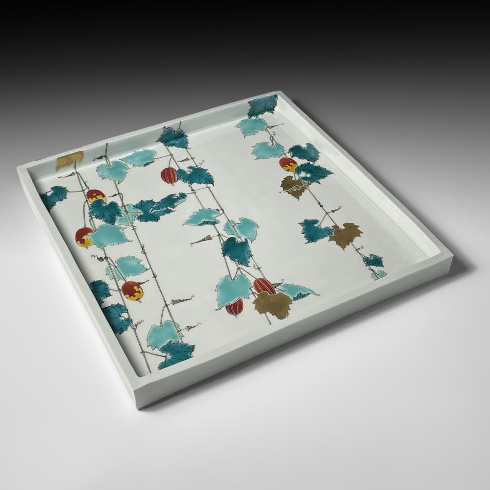 Takegoshi Jun - Flat square plate decorated with design of a Japanese snake gourd plant - Artworks - Joan B Mirviss LTD | Japanese Fine Art | Japanese Ceramics