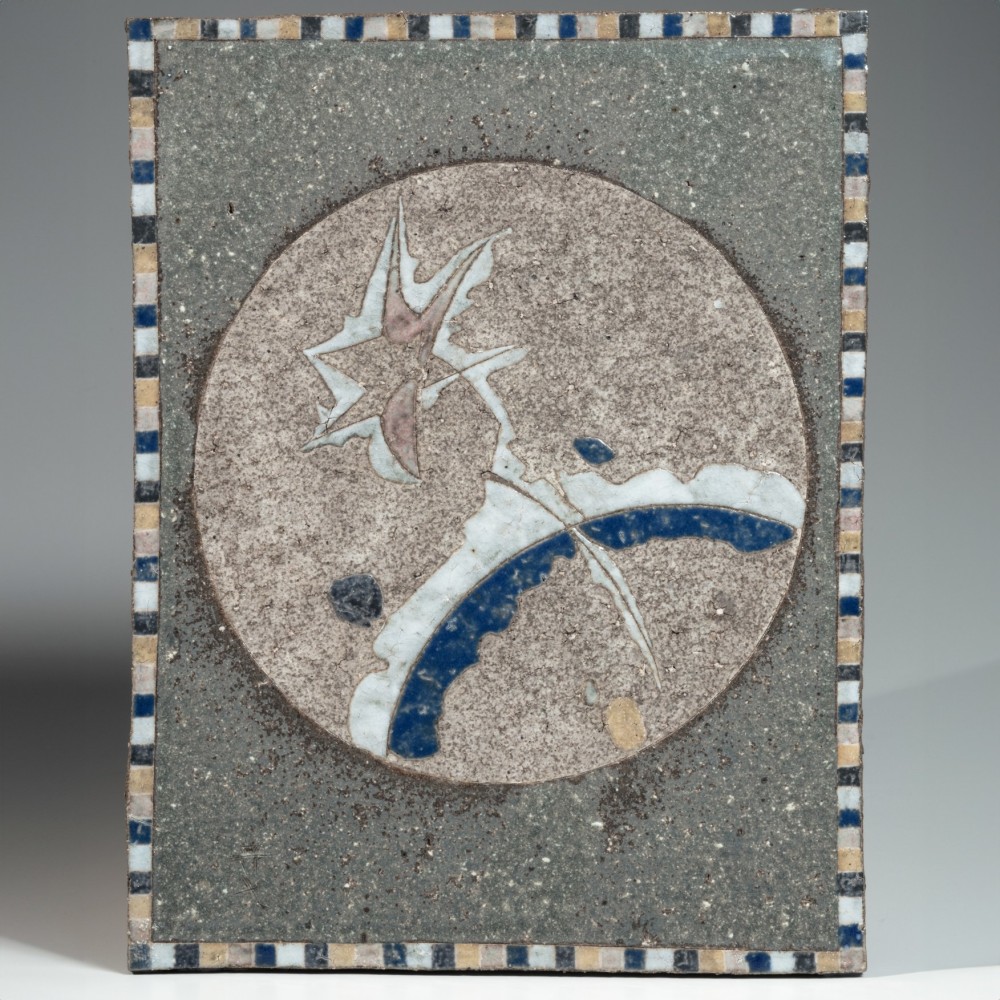 Kamoda Shōji - Rectangular plaque with central circular medallion of a palm tree with wave - Artworks - Joan B Mirviss LTD | Japanese Fine Art | Japanese Ceramics