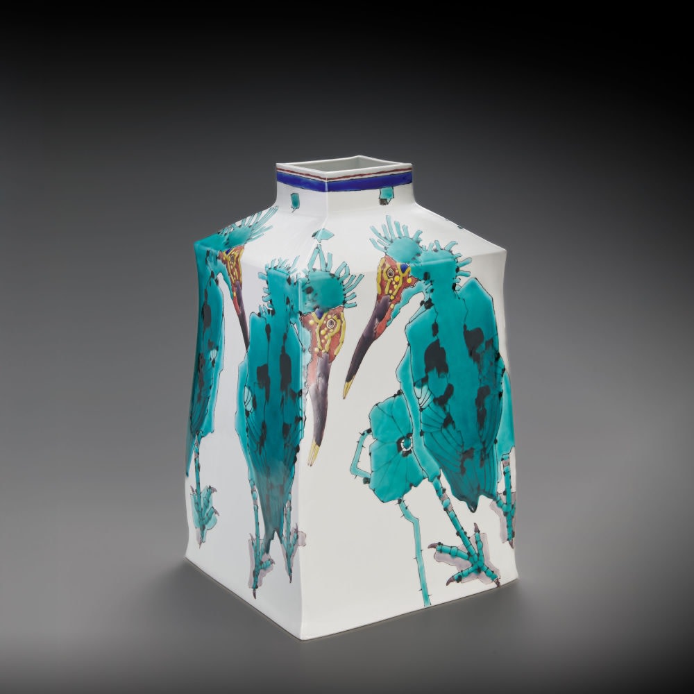Takegoshi Jun - Large square vessel decorated with Japanese crested ibises in turquoise - Artworks - Joan B Mirviss LTD | Japanese Fine Art | Japanese Ceramics