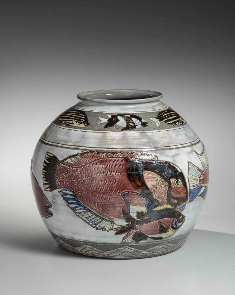 Nakazato Tarouemon XIII (Hōan) - Karatsu-Mishima style round vessel with banded fish patterning - Artworks - Joan B Mirviss LTD | Japanese Fine Art | Japanese Ceramics