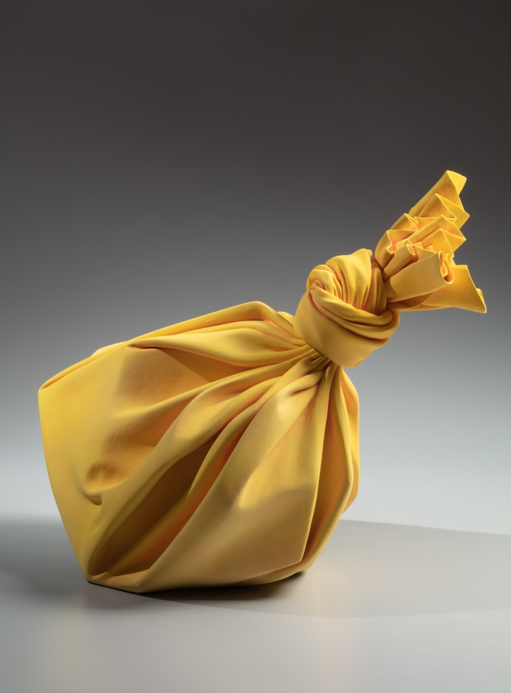 Tanaka Yū - Yellow sculpture in the shape of furoshiki (wrapping cloth) - Artworks - Joan B Mirviss LTD | Japanese Fine Art | Japanese Ceramics