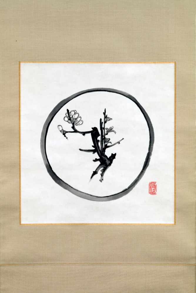 Tomimoto Kenkichi - Suibokuga (ink painting) of a plate with Japanese quince and made into a scroll with ceramic rod - Artworks - Joan B Mirviss LTD | Japanese Fine Art | Japanese Ceramics