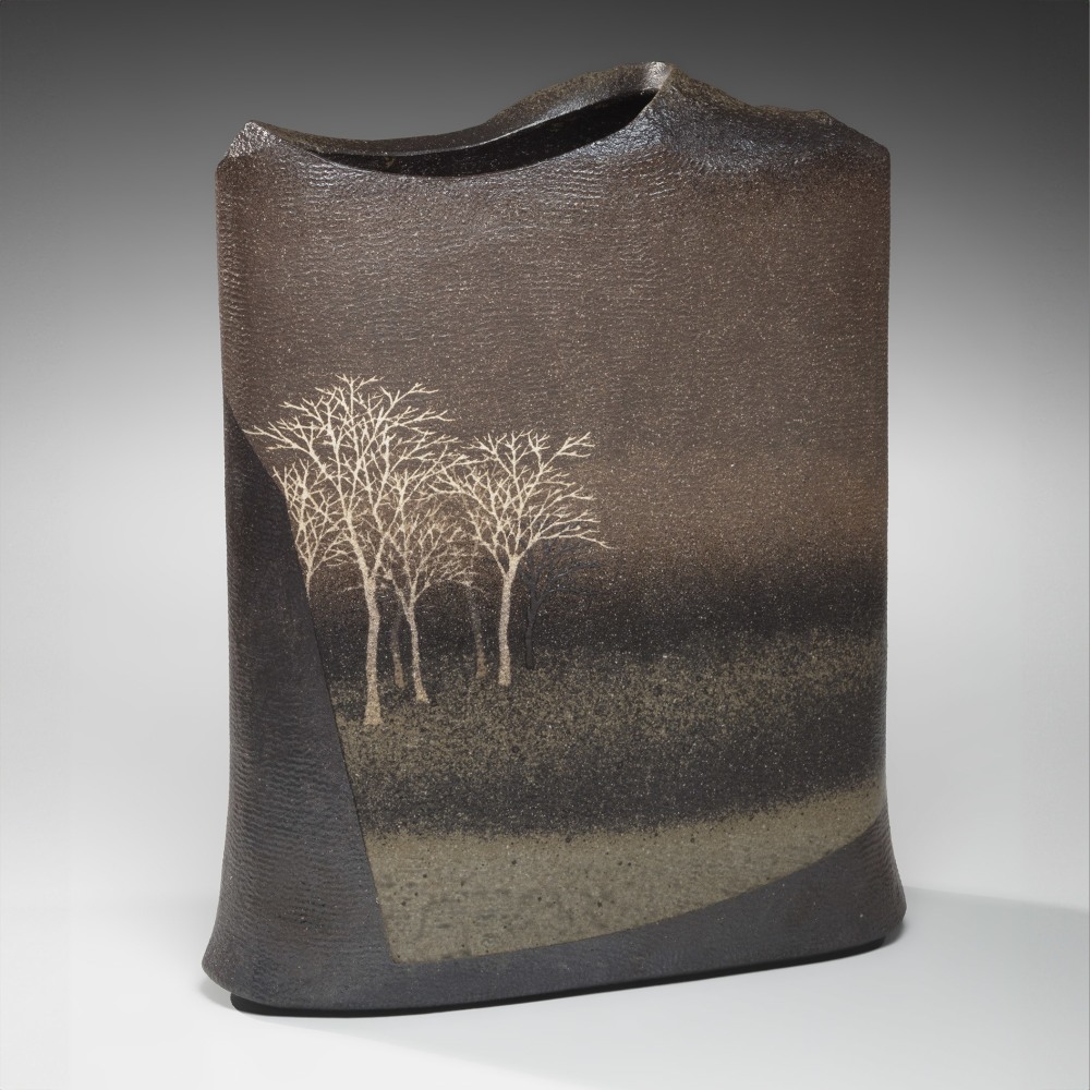 Saeki Moriyoshi - Flattened vase with decoration of trees in landscape - Artworks - Joan B Mirviss LTD | Japanese Fine Art | Japanese Ceramics