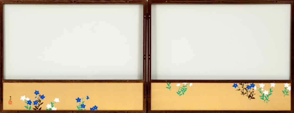 Kamisaka Sekka - Two-fold tea screen with flower paintings in inset panels, front and back - Artworks - Joan B Mirviss LTD | Japanese Fine Art | Japanese Ceramics