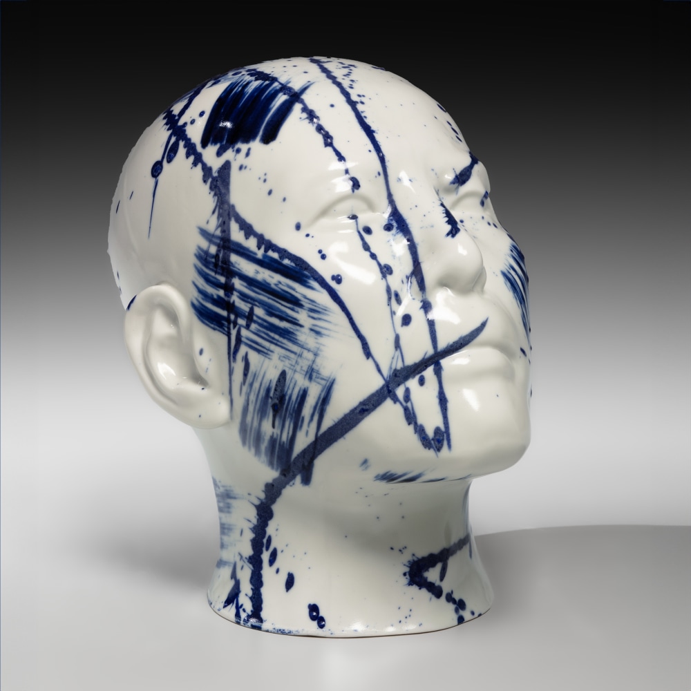 Kondō Takahiro - Mold-cast self-portrait sculpture with painterly designs in cobalt-blue - Artworks - Joan B Mirviss LTD | Japanese Fine Art | Japanese Ceramics