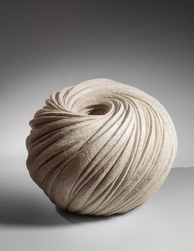 Sakiyama Takayuki - Round sculptural vessel carved with diagonally incised gathering folds - Artworks - Joan B Mirviss LTD | Japanese Fine Art | Japanese Ceramics