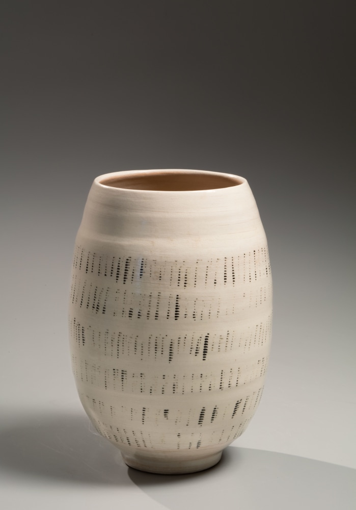 Yamada Hikaru - White glazed columnar vase with repeated linear design - Artworks - Joan B Mirviss LTD | Japanese Fine Art | Japanese Ceramics