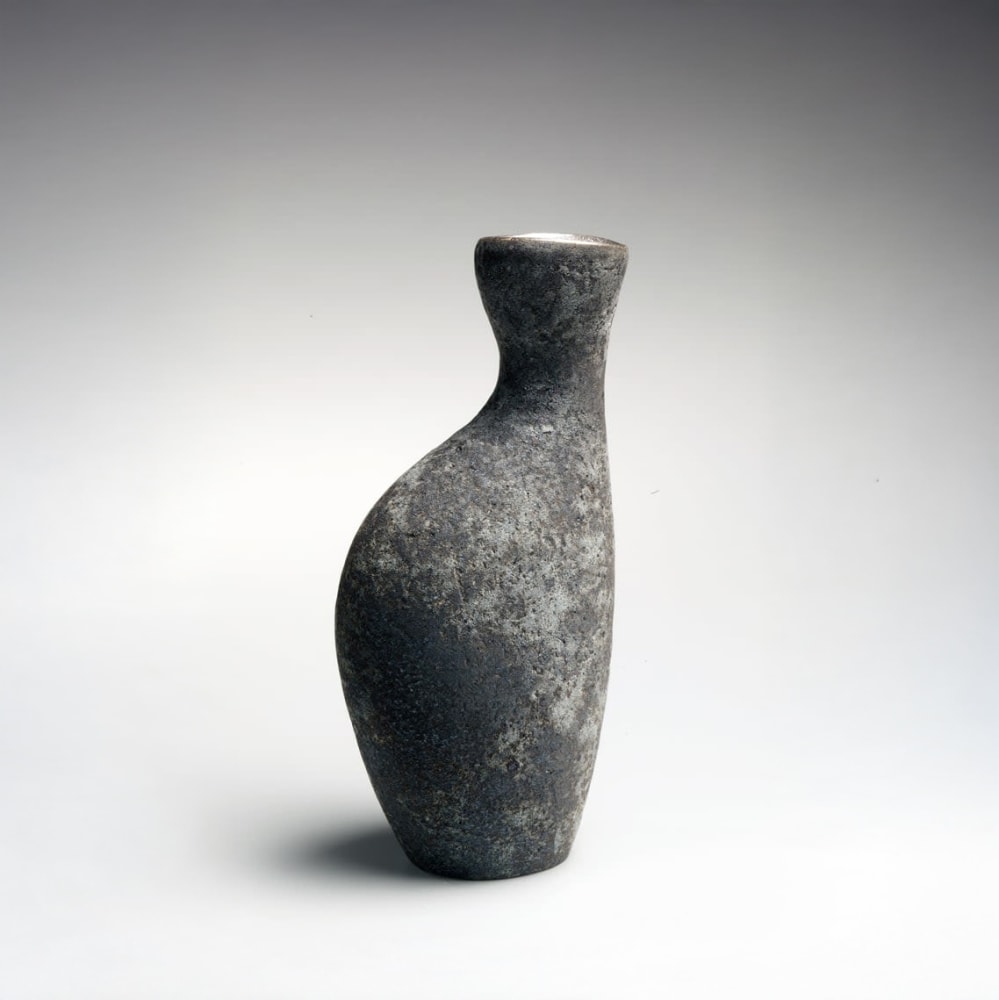 Iguchi Daisuke - Asymmetrical smooth surfaced ash-glazed sake flask with silver glazed interior - Artworks - Joan B Mirviss LTD | Japanese Fine Art | Japanese Ceramics