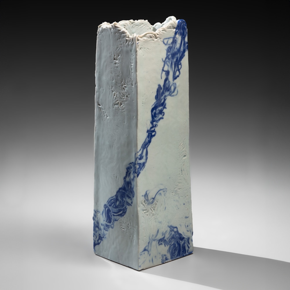 Miyashita Zenji - Rectangular vessel with ink-like blue glaze design - Artworks - Joan B Mirviss LTD | Japanese Fine Art | Japanese Ceramics