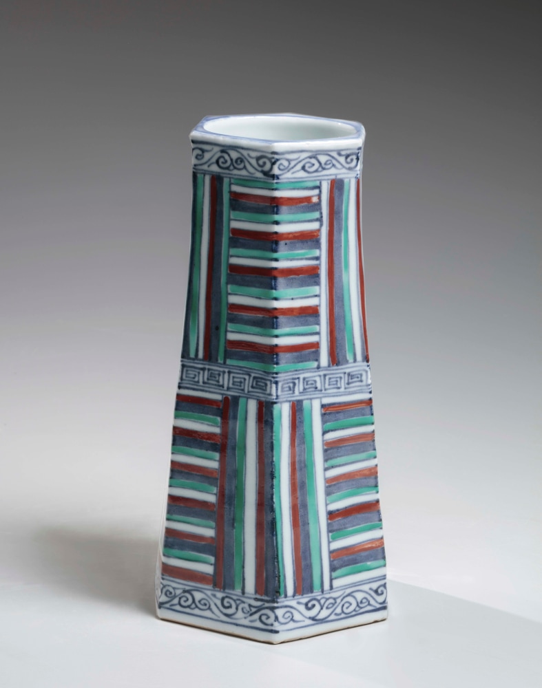 Kawase Chikushun II - Slightly tapering standing hexagonal sometsuke vase - Artworks - Joan B Mirviss LTD | Japanese Fine Art | Japanese Ceramics