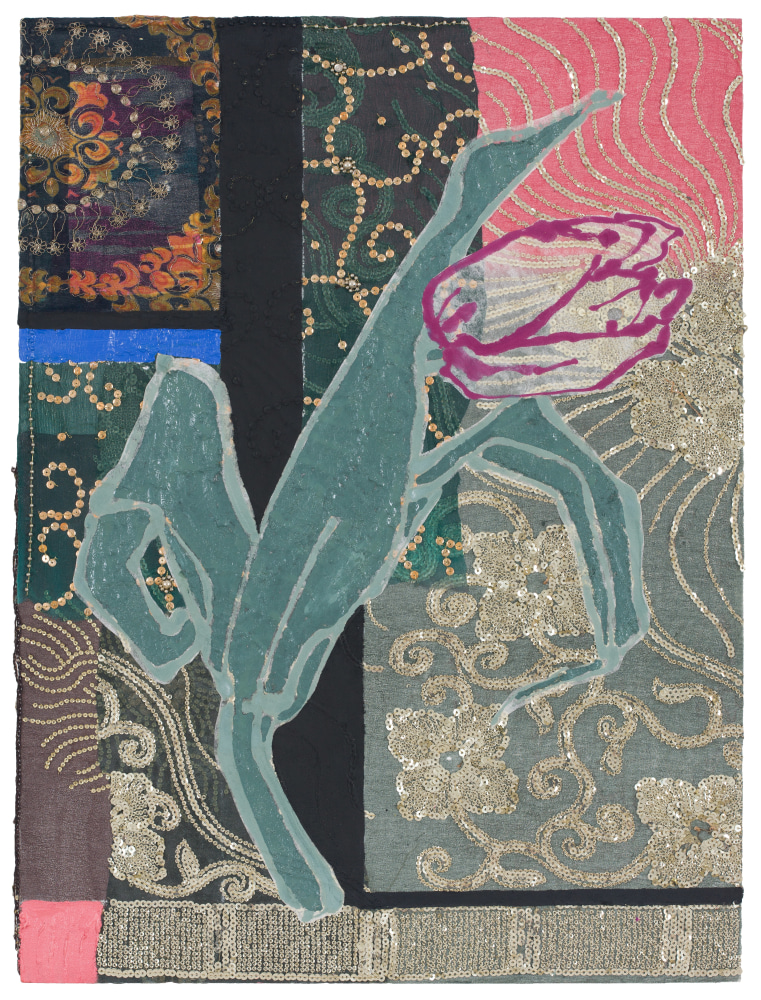 Pink Tulip, 2017, Oil, acrylic, paper, silk, embroidery, and sequins on panel