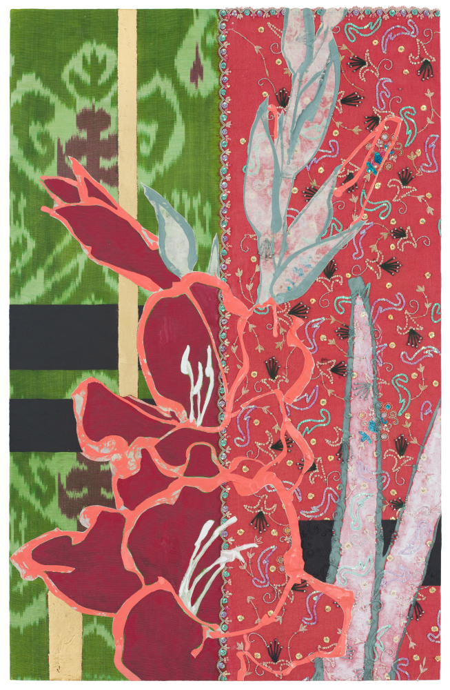 Red Gladiolus- Red and Green, 2017, Oil, acrylic, gold leaf, paper, silk, embroidery, sequins, and beads on panel