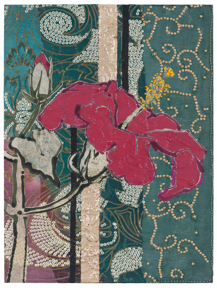 Pink Hibiscus, 2017, Oil, acrylic, gold leaf, paper, silk, sequins, rhinestones, and beads on panel