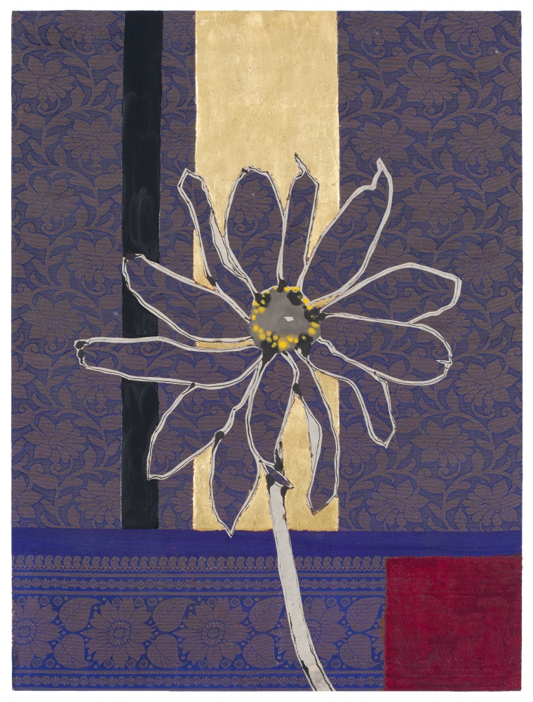 Chidambaram Rudbeekia, 2017, Oil, acrylic, ink, gold leaf, paper, silk, and silk brocade on panel