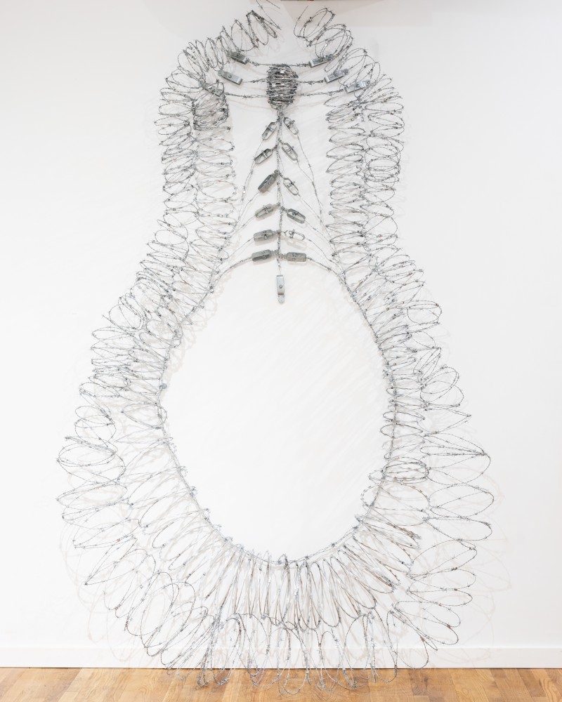 Yishay Garbasz, Untitled Vagina, 2022, Barbed wire and Razor Wire, 113" x 69" x 15" at Anita Rogers Gallery