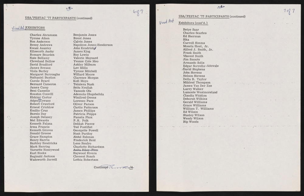 List of North American Delegation of Visual Artists Selected to Participate in FESTAC 1977 in the Jeff Donaldson Archives at the Smithsonian Archives of American Art.