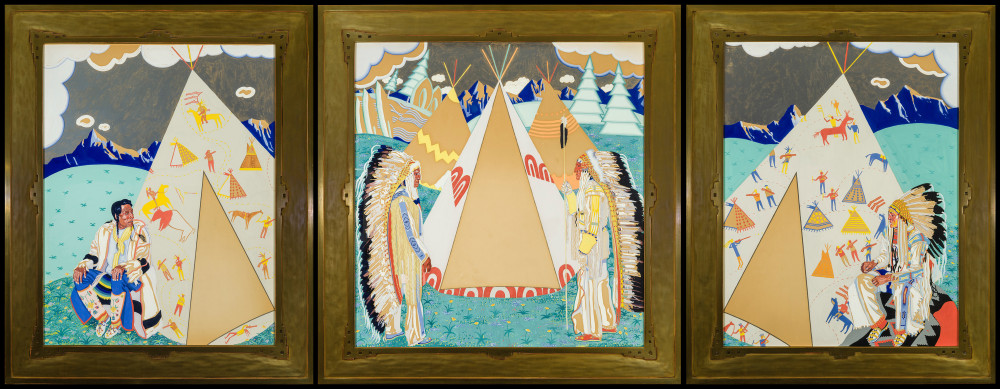 Winold Reiss (1886-1953), Triptych Design for a Mural Commission (Buffalo Hide [Eneseken, b. 1865], Bob Riding Horse, Chief Shot Both Sides [Aztua, 1874/77-1956], Mike Little Dog [Emetagua]), 1927-28