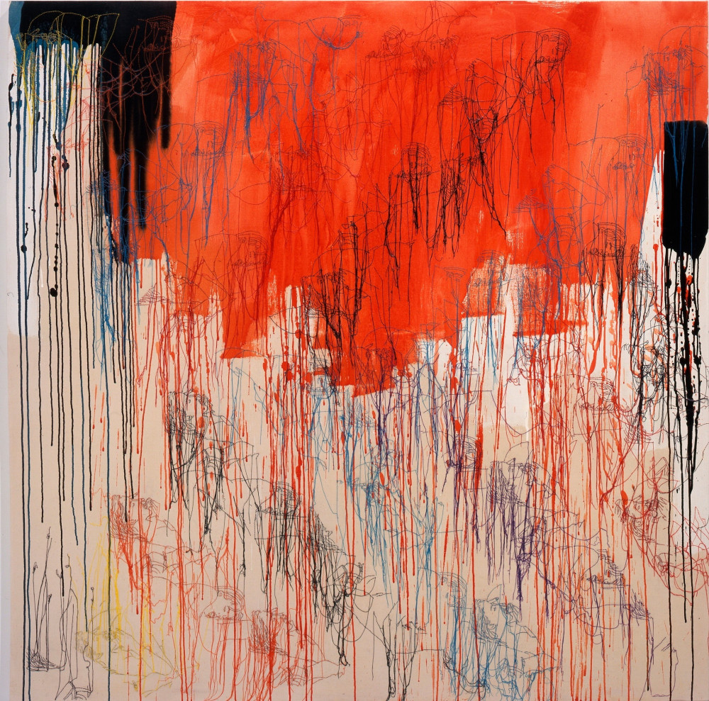 Ghada Amer, Red Diagonales, 2000, Acrylic, embroidery, and gel medium on canvas