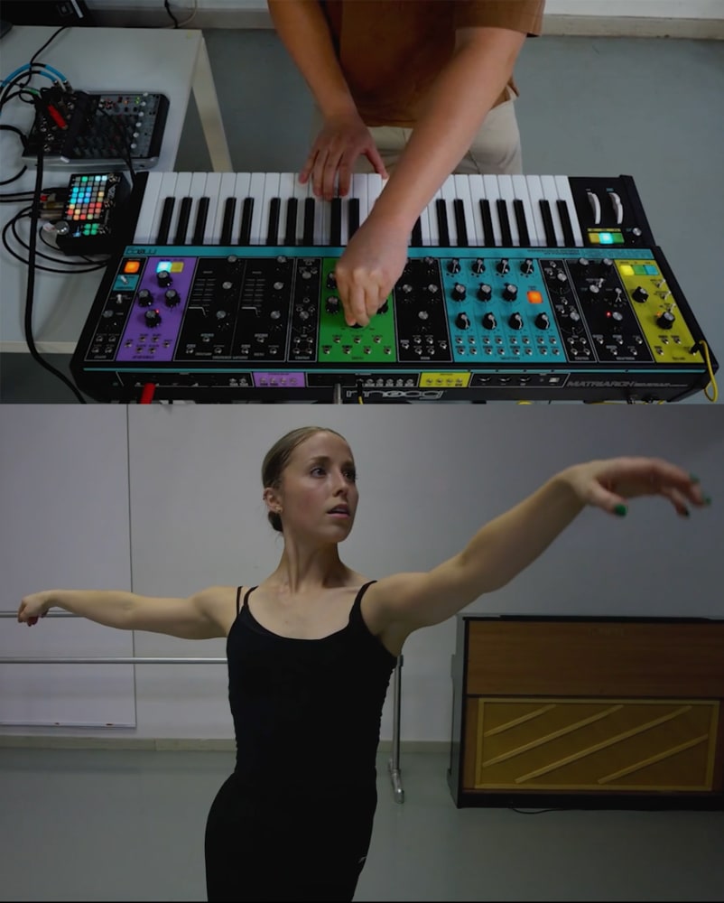 composite image of synthesizer and ballerina