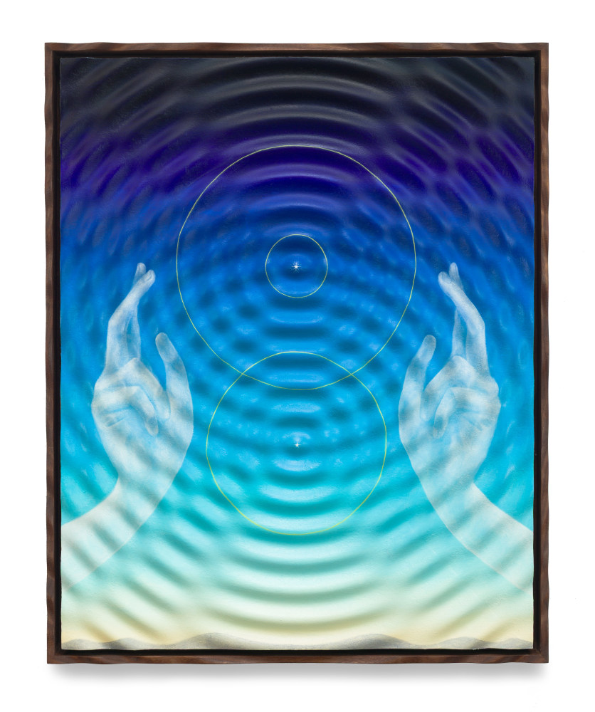 Emily Weiner,&amp;nbsp;Interference, 2025, Oil on shaped MDF in walnut frame, 21 x 17 x 1 3/4 inches, 53.3 x 43.2 x 4.4 cm.