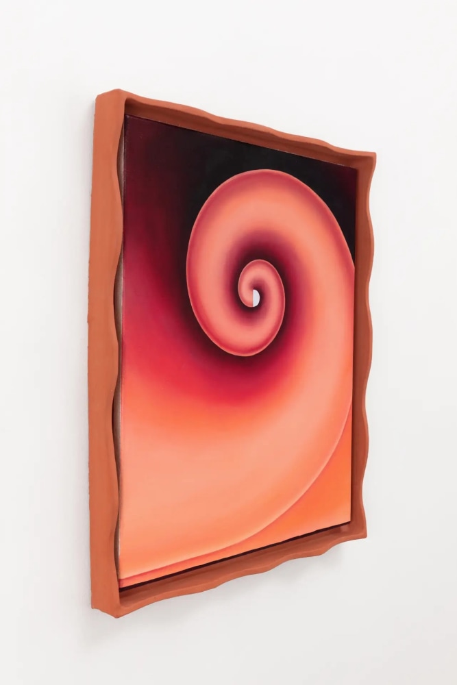 Spiral (Alizarin), 2023, Oil on linen in

terracotta frame, 21 x 17 x 2 inches. Courtesy of the artist.