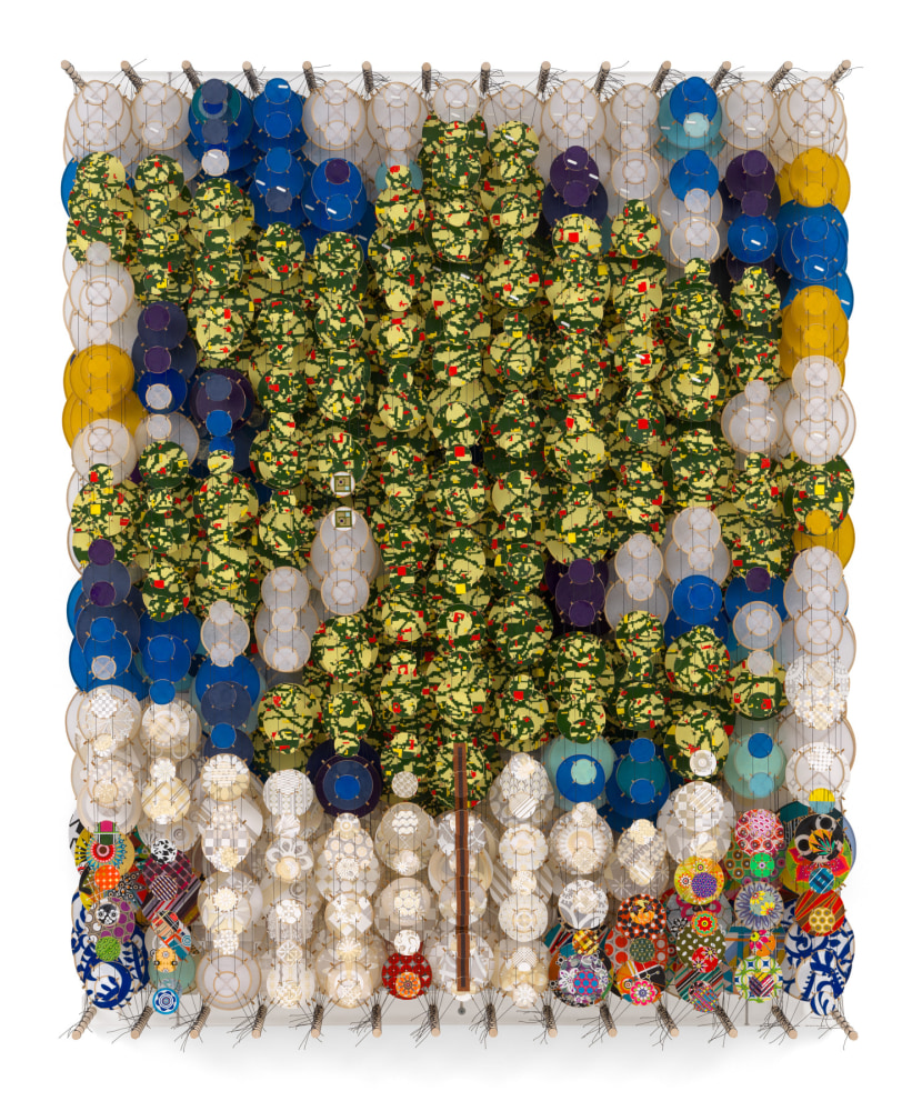 Jacob Hashimoto, Some truths are just not worth having, 2025, Acrylic, paper, bamboo, wood, and Dacron, 60 x 48 inches.