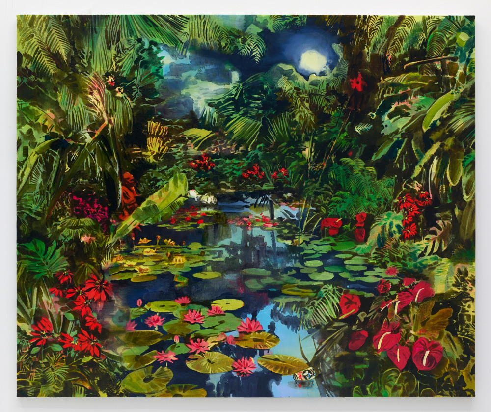 Rosson Crow, Follies in the Evening Shade, 2021, Acrylic, spray paint, photo transfer, and oil on canvas, 60 x 72 inches, 152.4 x 182.9 cm.