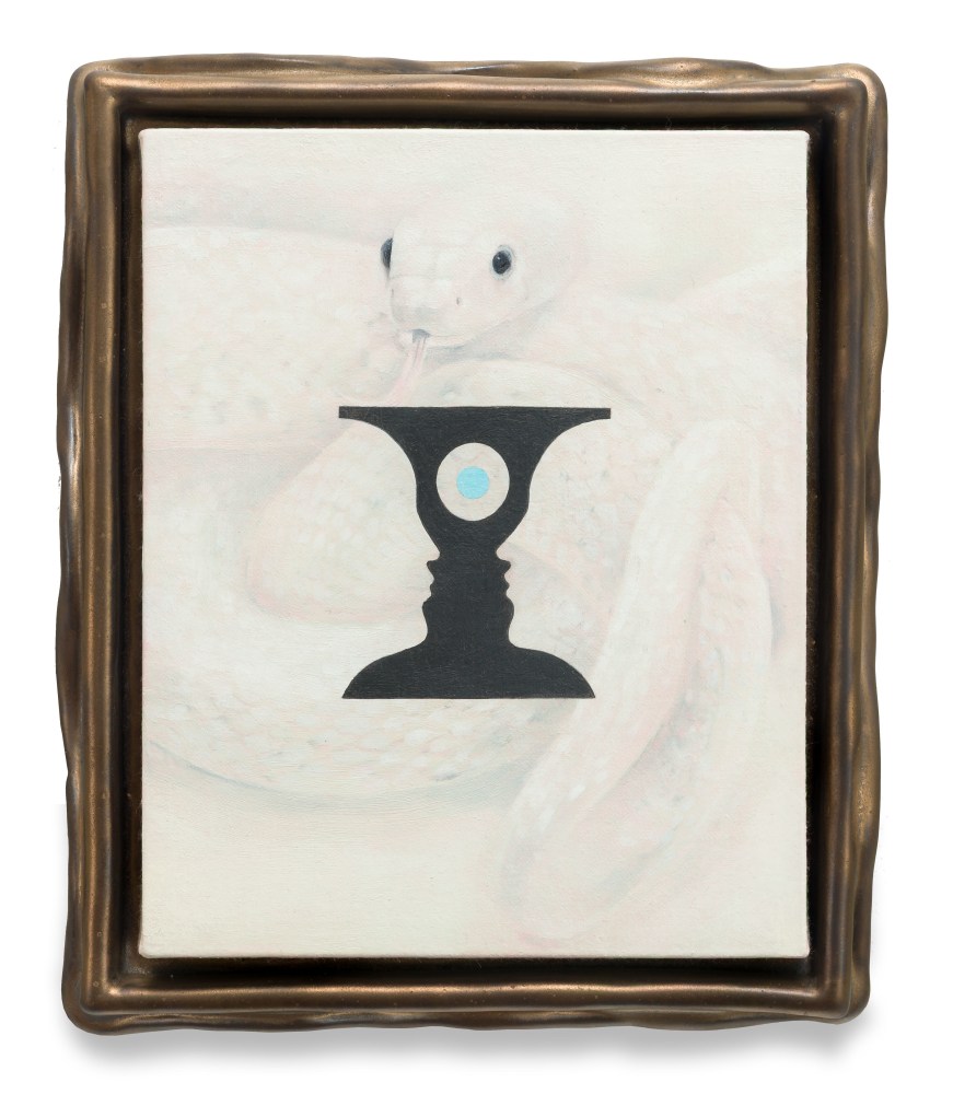 Snake, 2025, Oil on linen in stoneware frame, 12 x 10 x 1 1/2 inches.