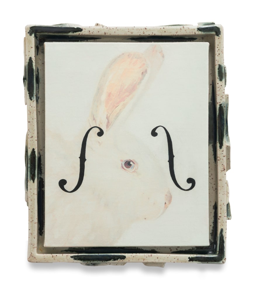 Emily Weiner,&amp;nbsp;Magician&amp;rsquo;s Assistant, 2025, Oil on linen in stoneware frame, 12 x 10 3/8 x 1 1/2 inches, 30.5 x 26.4 x 3.8 cm.