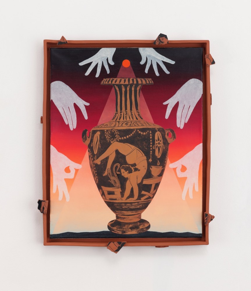 Mulier Inversa, 2024, Oil on linen in terracotta frame, 23.5 x 18.5 x 2 inches.

Photo by John Schweikert.