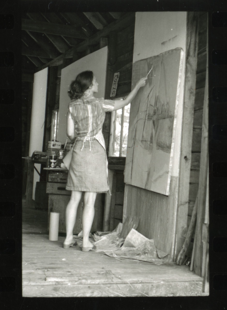 Mason in her studio in Brattleboro, Vermont, c. 1970s (&amp;copy; 2025 Emily Mason | Alice Trumbull Mason Foundation/ARS;
photo by Nancy Ellison)