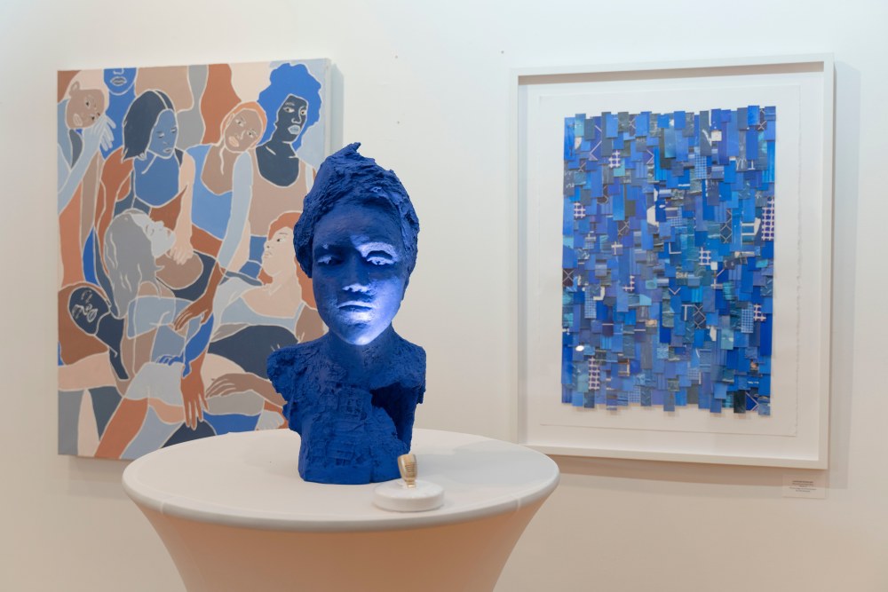 Visage Blue Resine sculpture by Anne de Villemejane (front), Faustine Badrichani&amp;#39;s acrylic painting (back left), Capucine Bourcart&amp;#39;s photographic collage (back right)