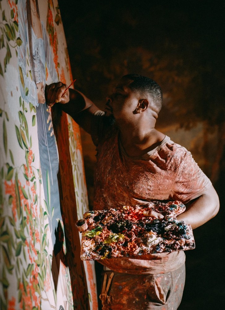 Kehinde Wiley painting in studio, Photograph by Shikeith for The New Yorker