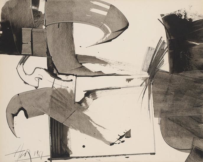 Untitled (Abstract Composition in Tones of Gray), 1961, gouache, ink and crayon on paper mounted on chipboard, 19 x 23 3/4 in.