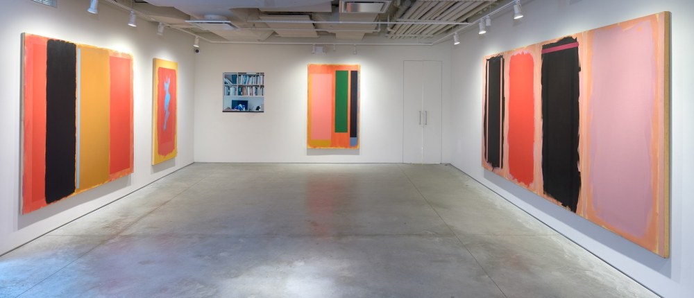 (from left) Bracket(s), 1993, acrylic on canvas, 76 x 77 in., Broken Ankle Bastard Ptg., 1994-95, acrylic on canvas, 76 1/8 x 34 in., Shadow, 1993, acrylic on canvas, 78 1/8 x 48 1/4 in., Nemesis, 1994-95, acrylic on canvas, 78 1/4 x 138 1/8 in.
