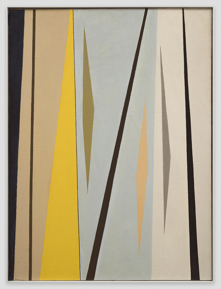 Abstract painting by Alice Trumbull Mason comprised of vertical forms in blue, grey, yellow, beige, white and black