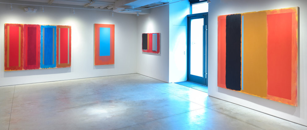 (from left) Pairs, 1996, acrylic on canvas, 64 3/8 x 84 in., Prequel, 1994, acrylic on canvas, 68 1/4 x 34 in., Untitled, 1993, acrylic on canvas, 32 1/8 x 56 in.