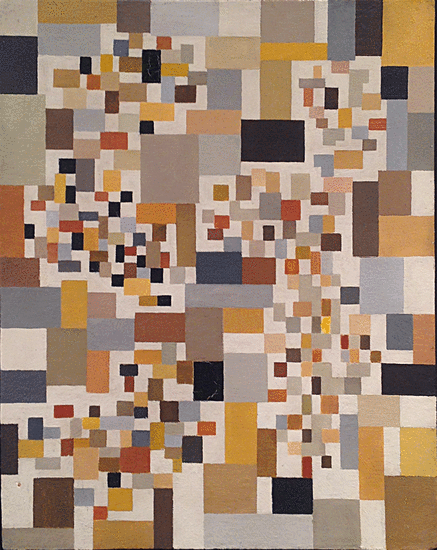 Abstract painting by Alice Trumbull Mason comprised of squares and rectangles in mustard, grey, rust, black and beige