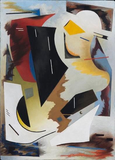 Abstract painting by Alice Trumbull Mason comprised of forms in brown, red, blue, grey and white with black and yellow marks and forms