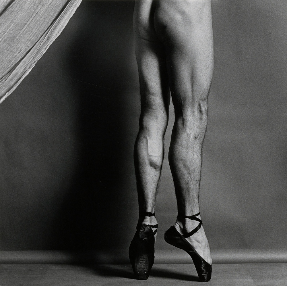 Dancer from the waist down, naked  except for pointe shoes, facing away from camera.