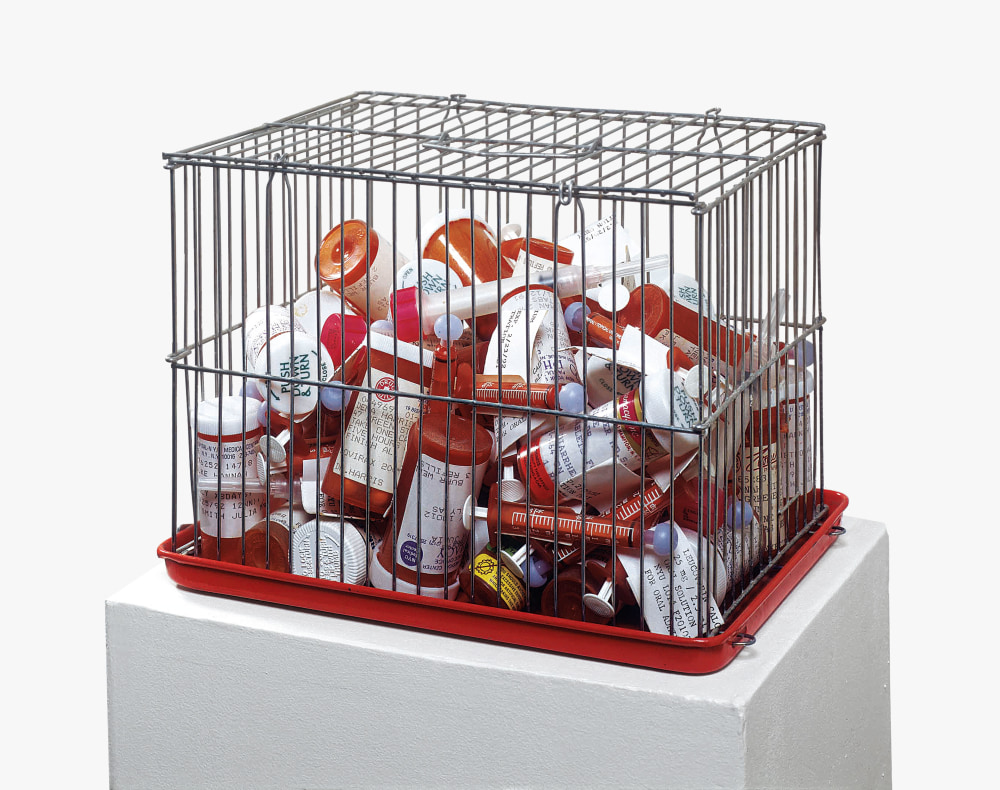 Hannah Wilke
Why Not Sneeze, 1992
Wire bird cage, medicine bottles, and syringes
7 &amp;times; 9 &amp;times; 6 7/8 inches (17.8 &amp;times; 22.9 &amp;times; 17.5 cm)
Courtesy Donald and Helen Goddard and
Ronald Feldman Gallery, New York