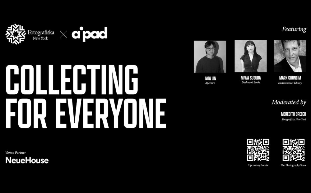 The title slide for an AIPAD Talk, in collaboration with Fotografiska, shows the three images of the panelists as well as the title of the panel, Collecting for Everyone.