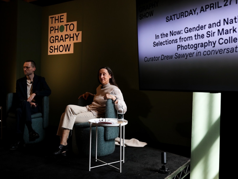 Vera Lutter looks into the camera as Drew Sawyer before their talk at AIPAD's Photography Show