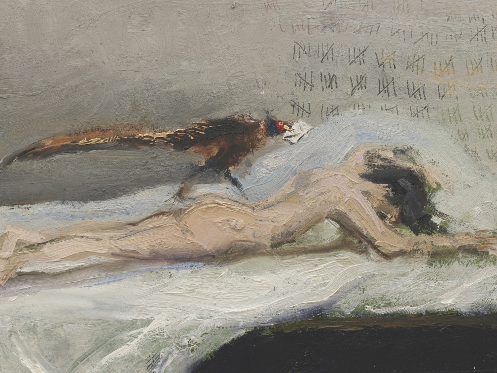 Detail of a painting by Seth Becker titled Nude and Pheasant from 2024