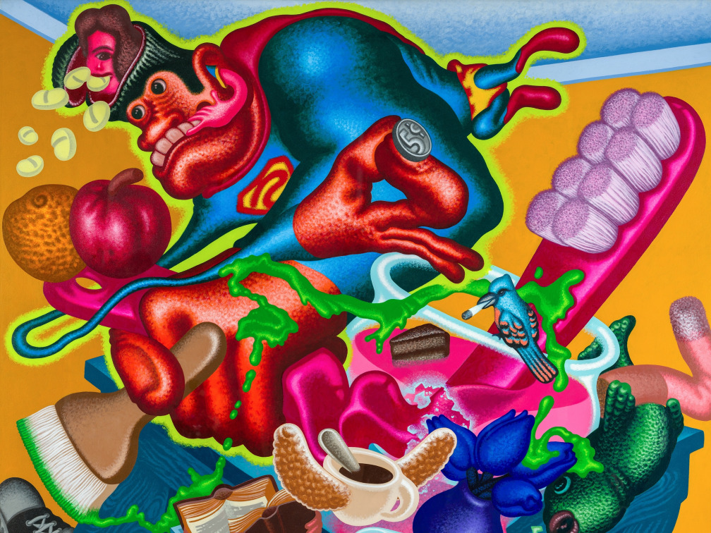 Detail of a painting by Peter Saul titled Bizzaro Paints a Still Life from 1998