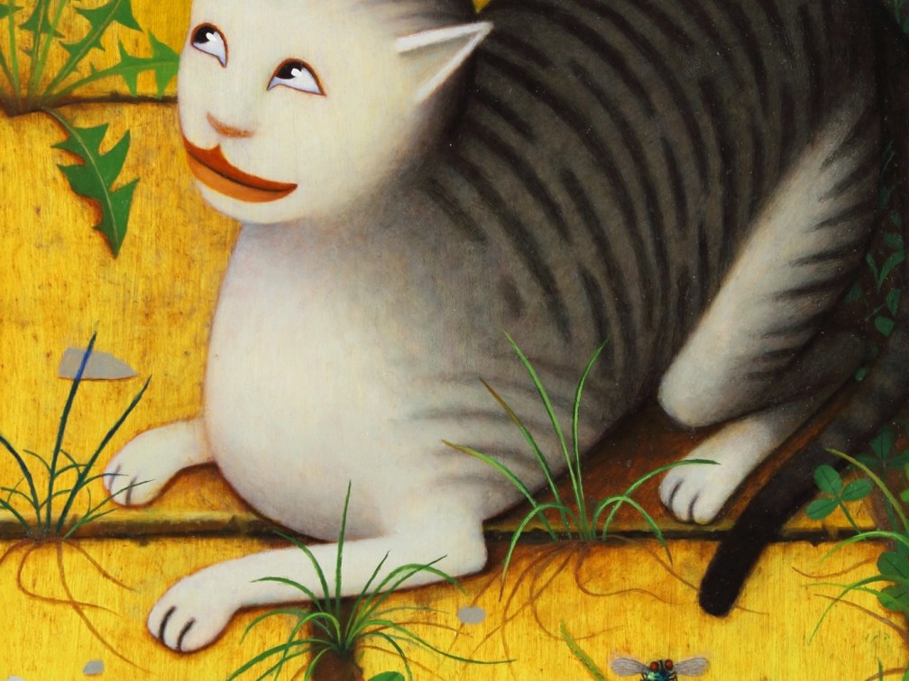 A painting of a grey striped cat, smiling and looking upward to the left, crouching on a yellow sidewalk with weeds sprouting from the cracks and a green housefly with red eyes hovering towards the bottom right edge   