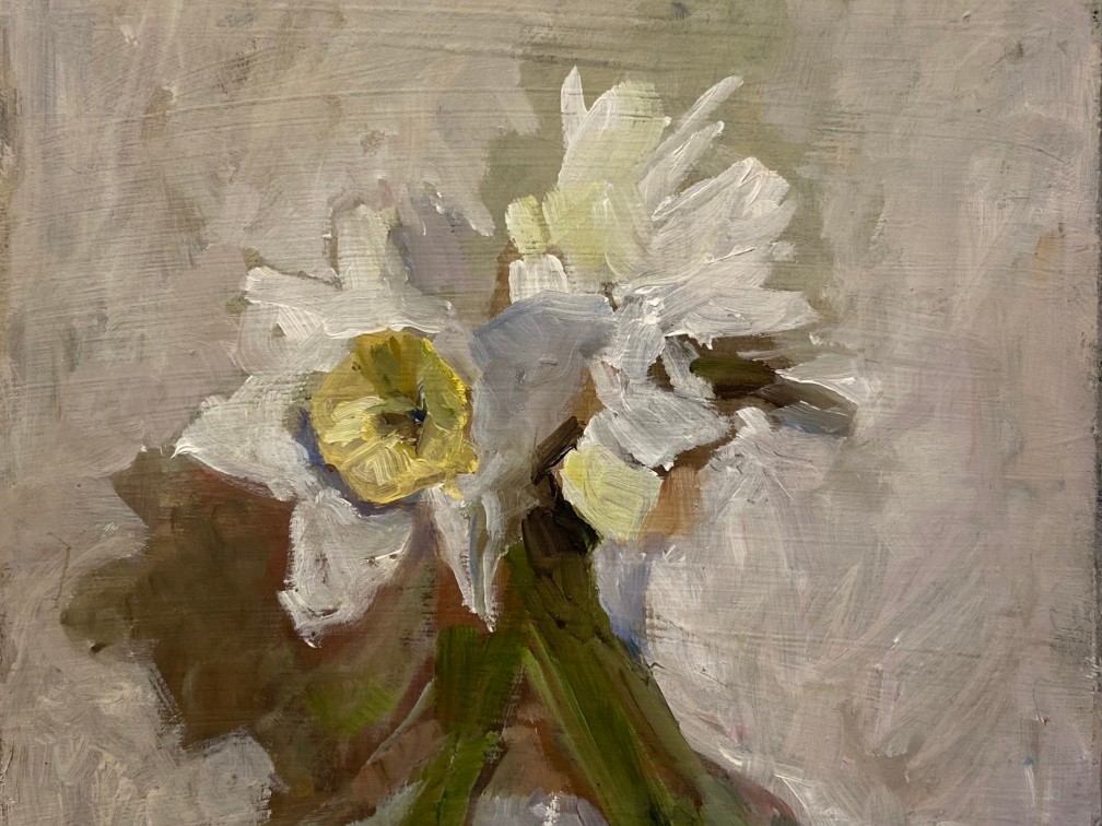 Catherine Maize Two Carnations 2022 oil on panel